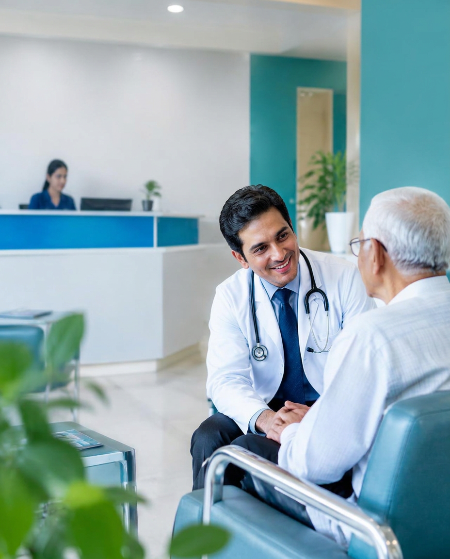 A doctor speaking warmly with an elderly patient